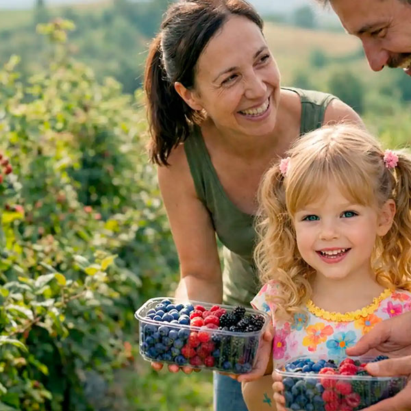 Familia caminando feliz entre las filas de arbustos de frutos rojos en Finca El Malaín un día soleado.