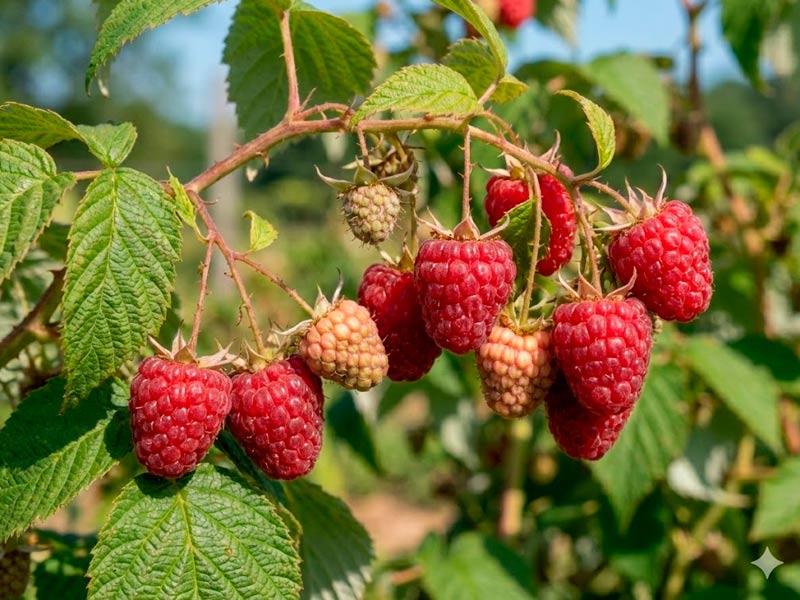 Frambueso con frambuesas en las ramas