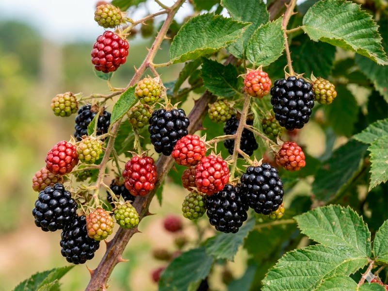 Morera con el fruto: moras rojas y negras